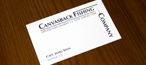 Business card for Canvasback Fishing Company