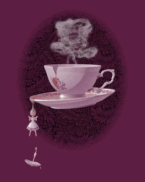 Engraving style illustration of The Mad Teacup in bordeaux