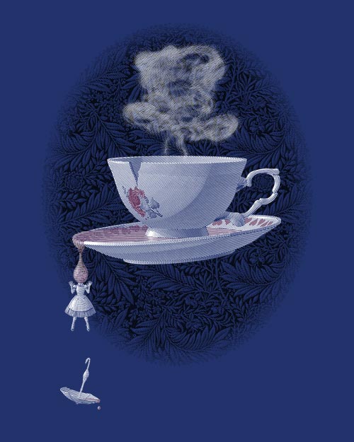 Engraving style illustration of The Mad Teacup in royal blue