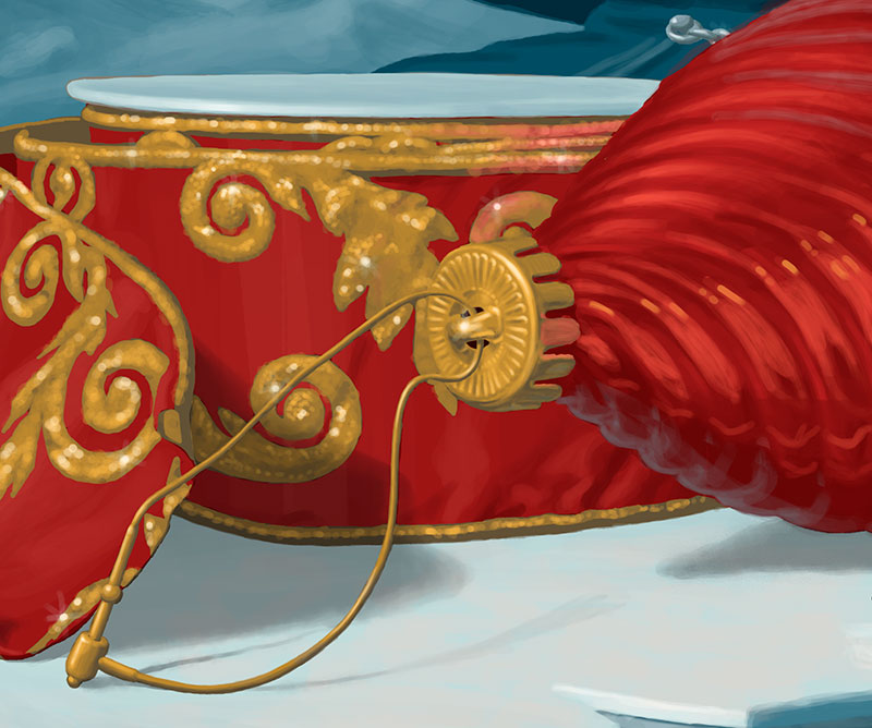 Detail of ornament cap and ribbon from holiday illustration by Swann Smith