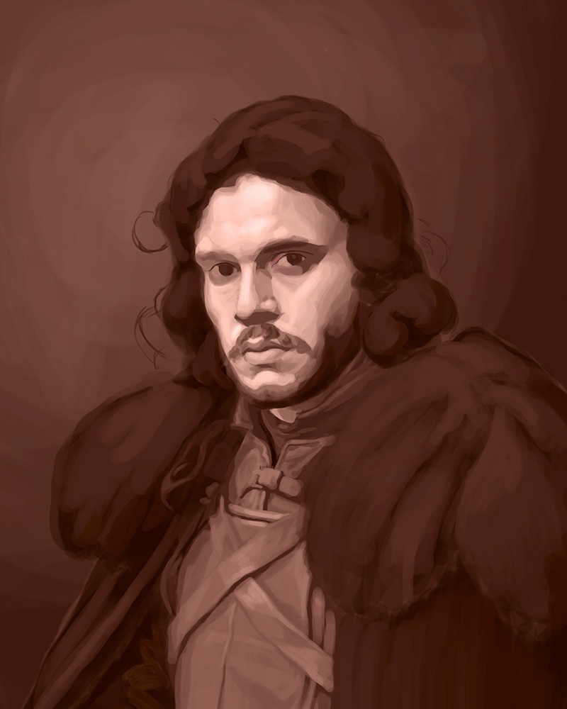 Wash-in underpainting phase of Jon Snow portrait