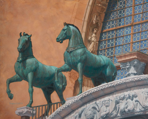Painting of the bronze horses that adorn the Basilica de San Marco in Venice, Italy