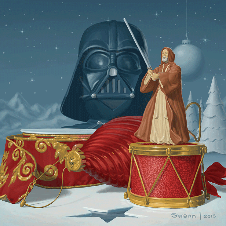 Animated painting of holiday decorations including Star Wars ornaments