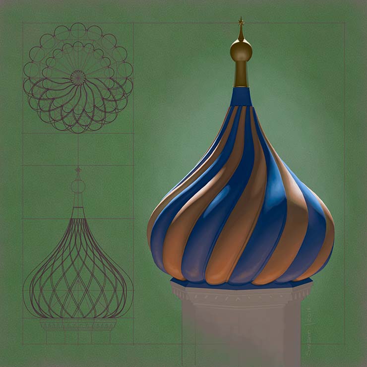 Plans and painting of an onion dome.