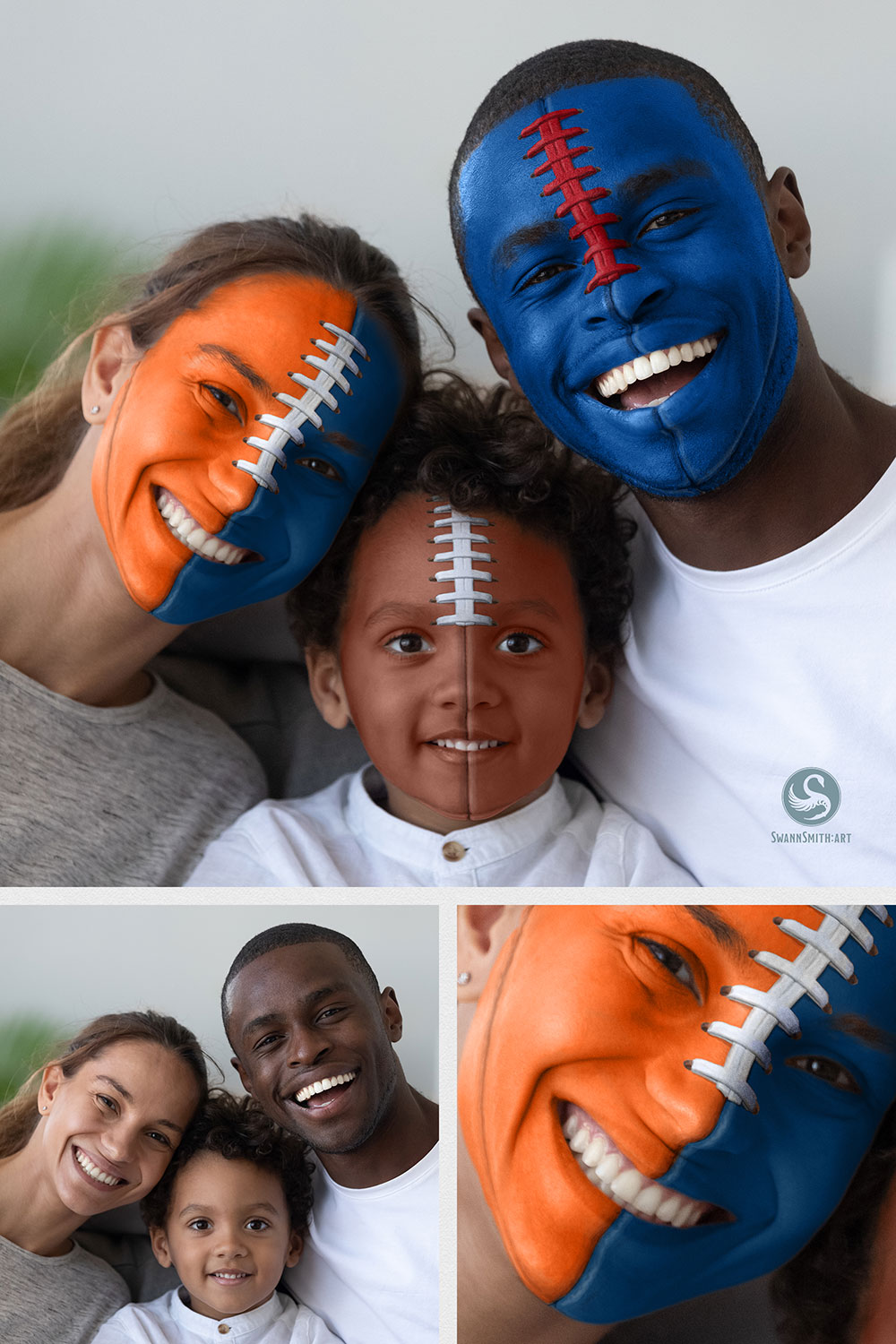 After and before digital face painting of a football family