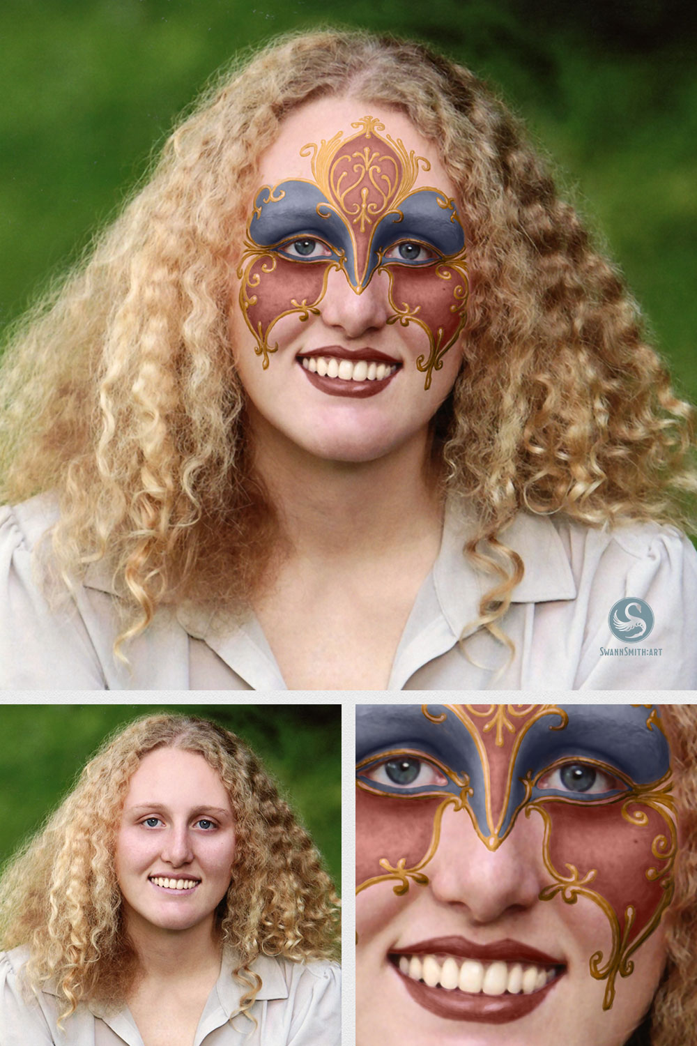 Images of before and after adding a Venetian Carnival Mask digital face painting design.