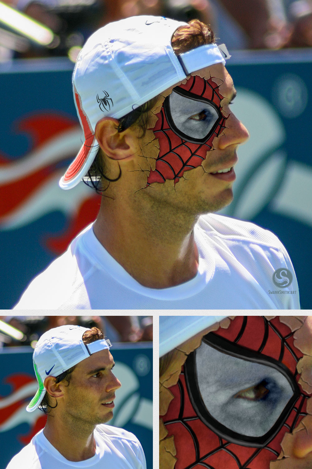 After and before digital face painting of Rafael Nadal as Spider-Man