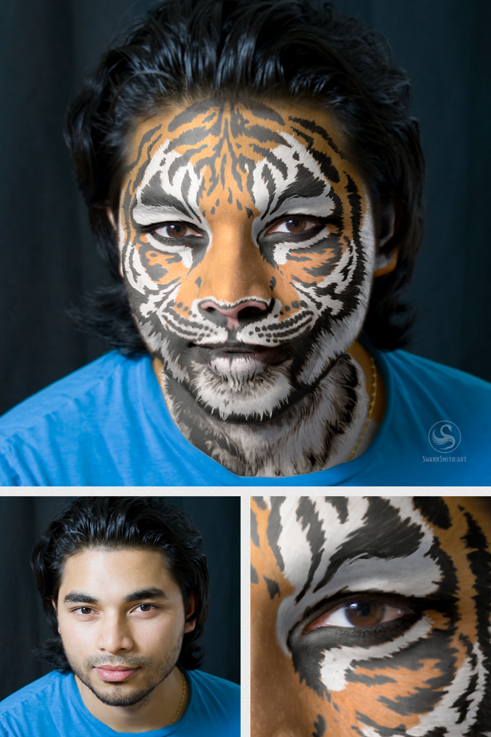 After and before digital face painting of a tiger